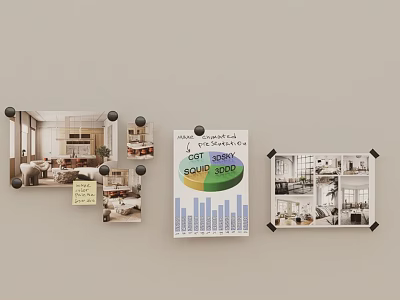 Wall Decor With Interior Scene Photos Small Pictures Charts And Notes On Thumbtacks 3d model