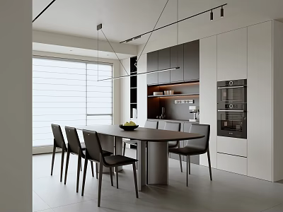 Modern Restaurant Interior With Dining Table Chairs Cabinets And Pendant Lighting 3d model