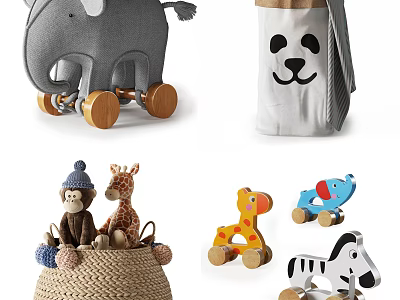 Colorful Kids Toy Collection Featuring Wooden Rattles Stuffed Animals And Plush Figures 3d model