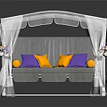 Cozy Swing Chair With White Canopy Curtains Gray Cushions Purple Yellow Pillows And Decorative Flowers