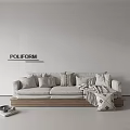 Poliform Beige Sectional Sofa With Plush Pillows Wooden Base And Side Table Decor