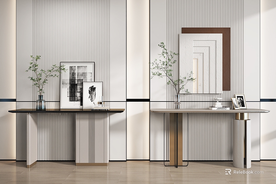 Elegant Modern Console Table Interior With Marble Top Metal Frame And Decorative Mirror 3d model 