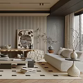 Stylish Modern Living Room Interior With Beige Sofa Geometric Rug Wooden Coffee Table And Artwork