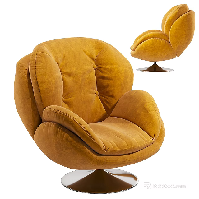 Yellow Velvet Armchair with Round Curved Backrest and Padded Arms on Metal Swivel Base 3d model 