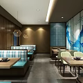 Modern Restaurant Interior With Wooden Walls Blue White Landscape Paintings Booth Seating And Pendant Lights
