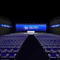 Large Conference Hall Interior With Blue Background Stage Seats And Banners
