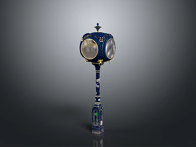 Ornate Blue Decorative Column With Golden Accents Circular Transparent Panels And Intricate Patterns 3d model