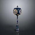 Ornate Blue Decorative Column With Golden Accents Circular Transparent Panels And Intricate Patterns