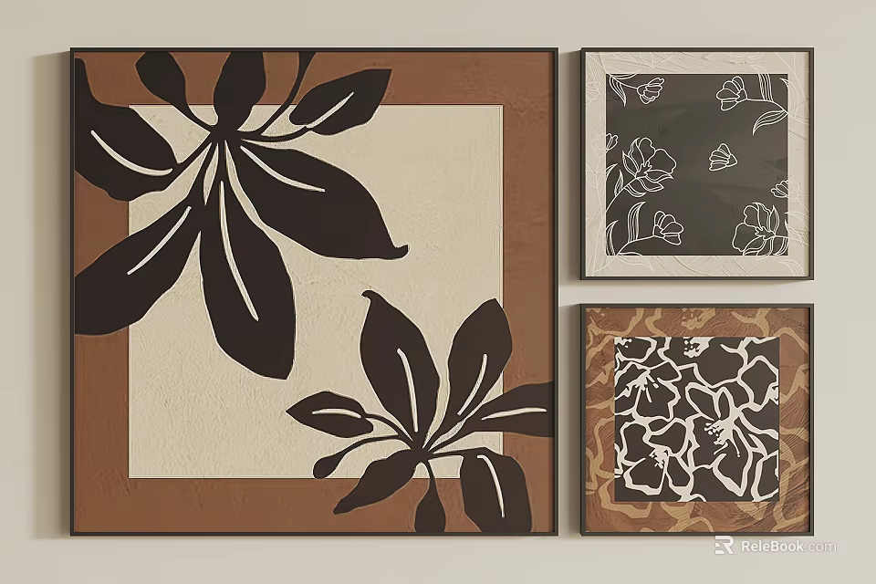 Brown Framed Plant Art Prints With Leaf Flower Patterns On Beige Grey Background 3d model
