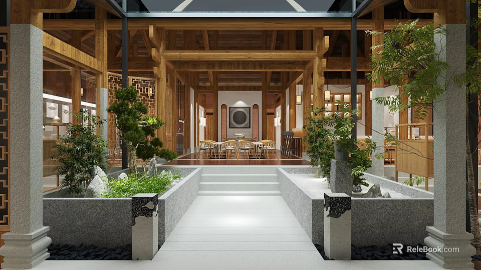 Traditional Chinese Garden Landscape Featuring Wooden Structure Green Plants Stone Path And Water Feature 3d model 