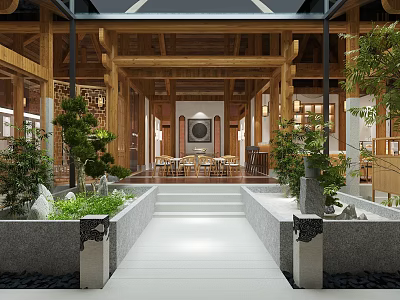 Traditional Chinese Garden Landscape Featuring Wooden Structure Green Plants Stone Path And Water Feature 3d model