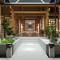 Traditional Chinese Garden Landscape Featuring Wooden Structure Green Plants Stone Path And Water Feature
