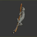 Chameleon reptile climbing with extended tail on an orange branch against gray background