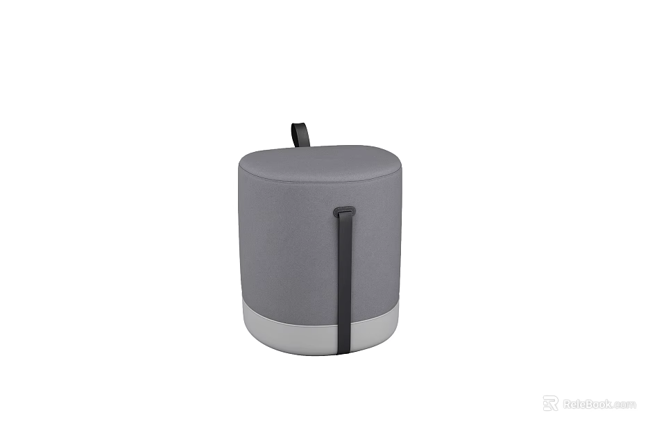 Modern Cylindrical Gray Upholstered Stool With Black Straps And Comfortable Cushion 3d model 