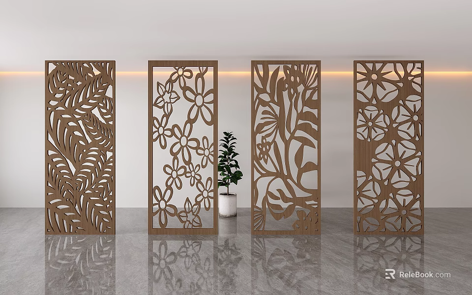 Decorative Wooden Room Dividers With Floral And Leaf Carved Patterns For Interior Decor 3d model 