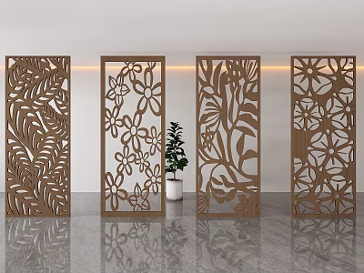 Decorative Wooden Room Dividers With Floral And Leaf Carved Patterns For Interior Decor 3d model