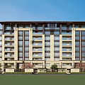 Modern High Rise Residential Building Exterior With Balconies And Pedestrians On Walkway