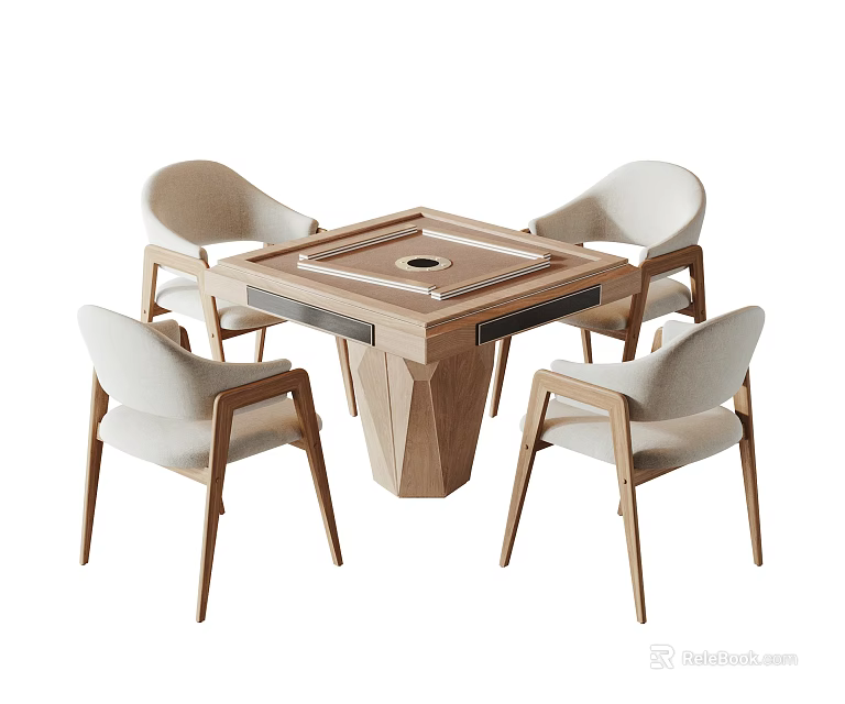 Square Wooden Entertainment Table with Circular Center and Four Light Colored Modern Minimalist Backrest Chairs 3d model 