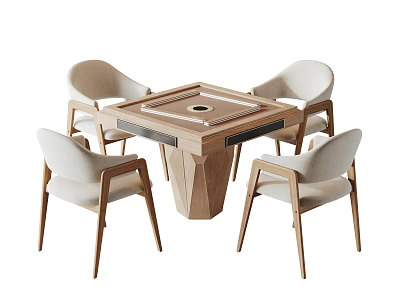 Square Wooden Entertainment Table with Circular Center and Four Light Colored Modern Minimalist Backrest Chairs 3d model