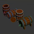 Wooden Barrels With Metal Hoops And Open Lids In Various Positions