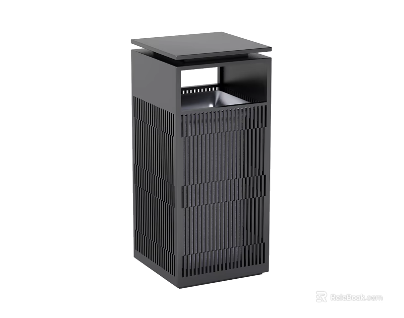 Modern Black Public Facility Trash Can With Slatted Exterior And Lid Design 3d model 