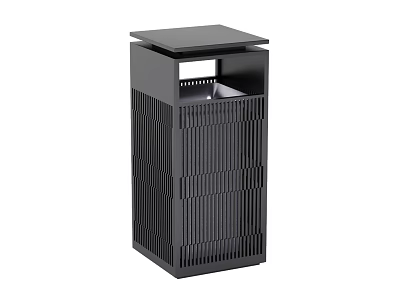 Modern Black Public Facility Trash Can With Slatted Exterior And Lid Design 3d model