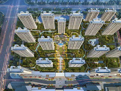 Aerial View Planning of Residential Community with High Rise Buildings Green Gardens and Road Layout 3d model