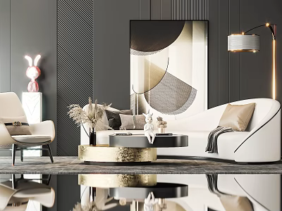 Modern White Sofa And Coffee Table Set With Gold Abstract Wall Art And Floor Lamp 3d model