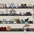 Elegant Decorative Ornament Set On Shelves Featuring Porcelain Vases Wooden Carvings Tea Sets And Figurines