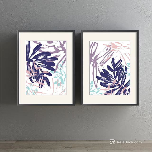 Set of Two Vibrant Framed Botanical Paintings With Leaf Patterns For Wall Decor 3d model