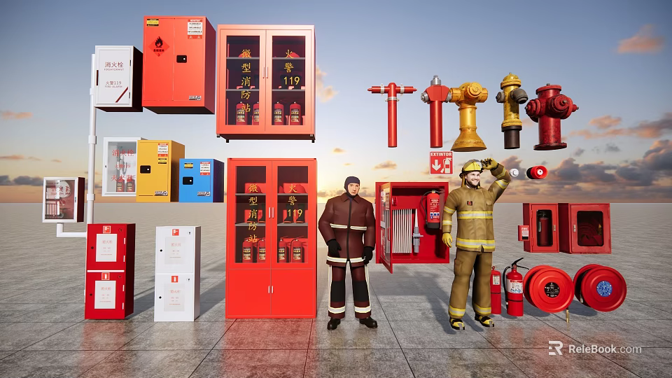 Essential Fire Equipment Collection Featuring Fire Cabinets Extinguishers Hydrants and Uniformed Firefighters 3d model 