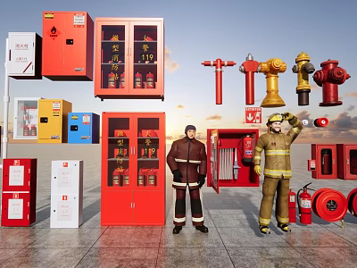 Essential Fire Equipment Collection Featuring Fire Cabinets Extinguishers Hydrants and Uniformed Firefighters 3d model