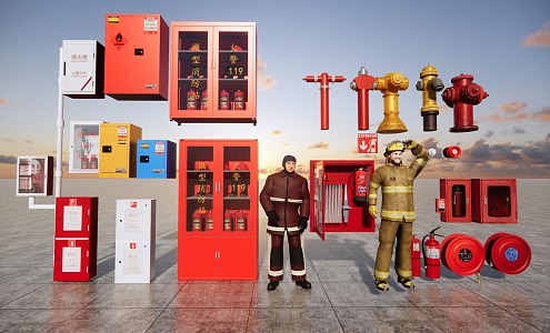 Modern fire fighting equipment fire hydrant fire extinguisher fire equipment cabinet fire fighting facilities 3d model