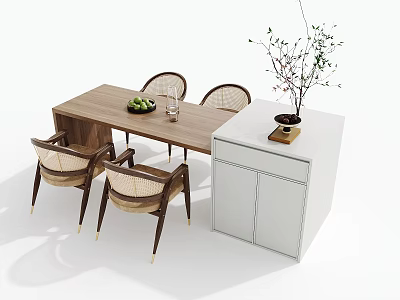 Dining Table Set With Four Wooden Chairs Side Cabinet Fruit Bowl And Decorative Plant 3d model