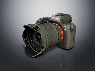 Sony Alpha Digital Camera With Damaged Lens Hood And Black Body Design 3d model