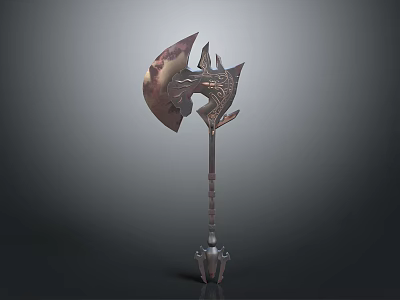 Ornate Battle Axe Weapon With Intricate Metallic Carvings And Decorative Handle Stand 3d model