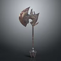 Ornate Battle Axe Weapon With Intricate Metallic Carvings And Decorative Handle Stand