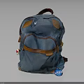 Blue Canvas Backpack With Brown Leather Trim Front Pocket And Decorative Tag 3d model