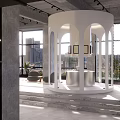 Modern Art Gallery With Curved White Walls Black Framed Pink Artworks And Pedestals