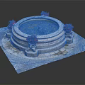 Vibrant red flowers decorating circular stone fountain on stone slab platform