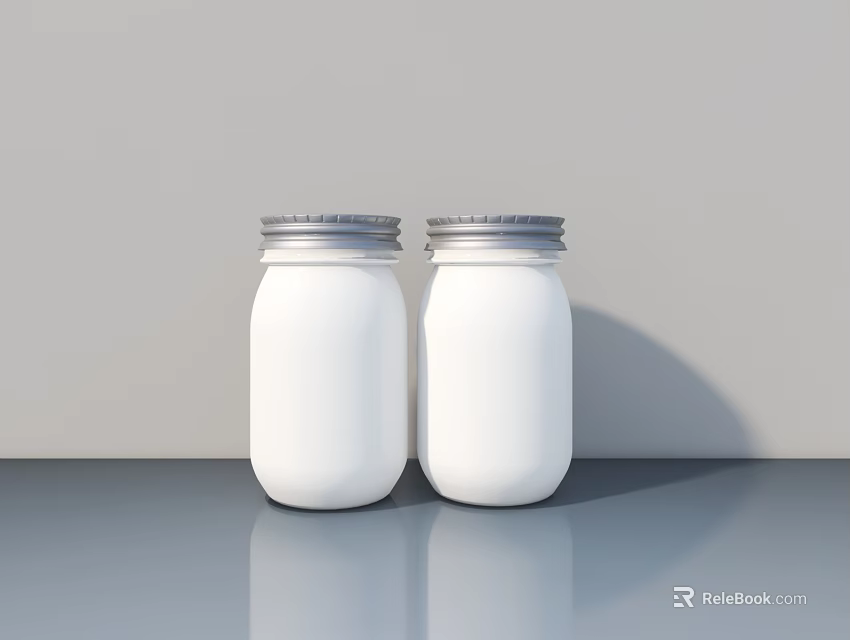 White Ceramic Storage Jars With Silver Lids On Gray Tabletop Minimalist Design 3d model 