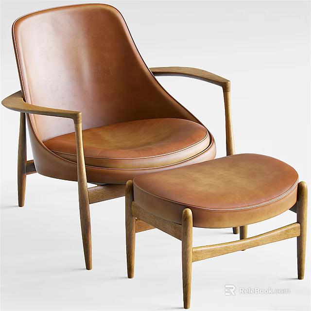 Brown Leather Leisure Chair With Matching Ottoman And Wooden Frame Design 3d model 