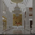 Luxurious Hotel Lobby Interior With Crystal Chandeliers Wooden Walls Fireplace And Elegant Sofas