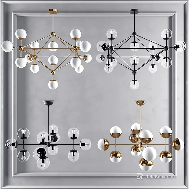 Modern Chandelier Designs With Geometric Frames Gold Black Metal And Glass Globes 3d model 