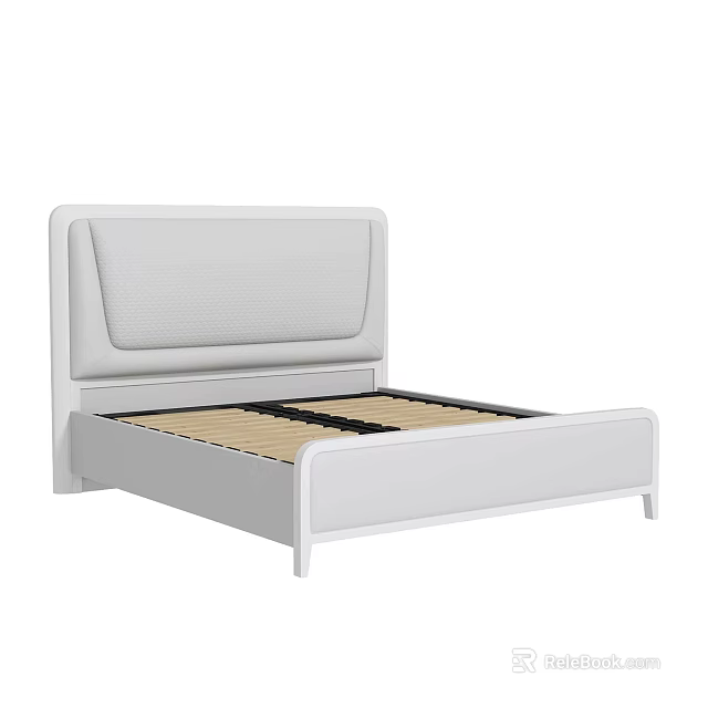 Modern Double Bed With White Padded Headboard And Wooden Slats Frame 3d model 