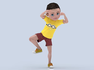 Boy Wearing Yellow Minion T-shirt Red Plaid Shorts Standing On One Leg Hands Beside Ears 3d model
