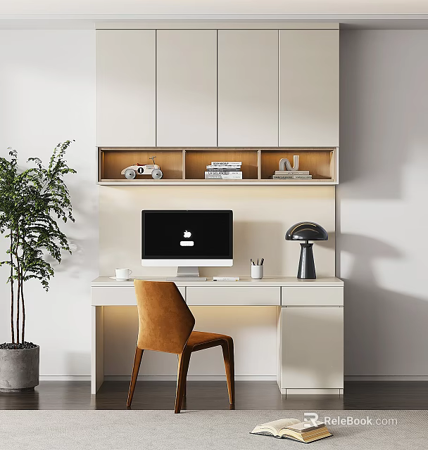 Modern White Desk Setup With Apple iMac Black Lamp Books Brown Chair And Green Plant 3d model 