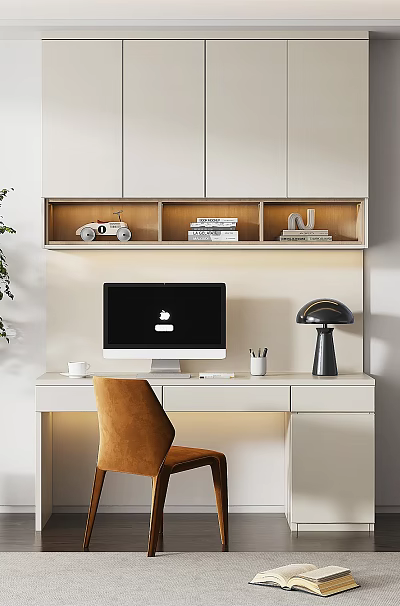 Modern White Desk Setup With Apple iMac Black Lamp Books Brown Chair And Green Plant 3d model