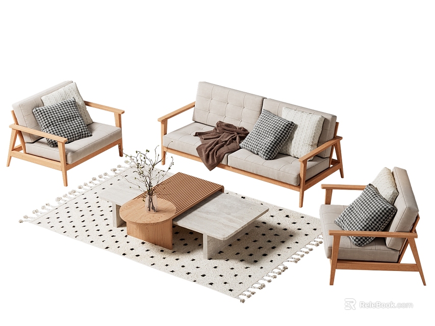 Modern Wooden Frame Sofa and Coffee Table Set with Armchairs Pillows and Area Rug 3d model 