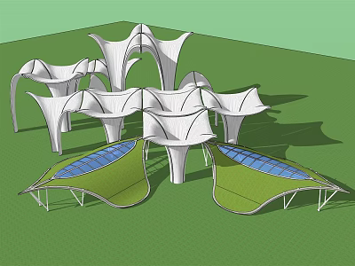 Modern Artistic Pergola Structures Featuring Green Canopies And Blue Skylights 3d model